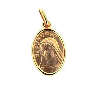 18K Solid Yellow Gold Our Lady of Medjugorje Oval Medal , Amalia Jewelry
