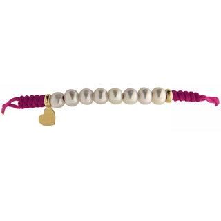 18K Solid Yellow Gold Heart and Pearls eggplant color Macrame Bracelet , Amalia Jewelry