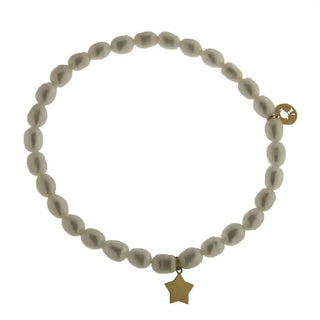 18k solid yellow gold star & oval cultivated pearls bracelet 6 inches elastic up to 6.50 inches , Amalia Jewelry