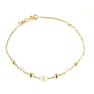18K Solid Yellow Gold Beads and cultivated Pearls Bracelet 6 inches with extra ring , Amalia Jewelry