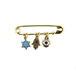 18K Yellow Gold Enamel Red Hamsa hand White Evil Eye and Blue Star David Safety Pin , Amalia Jewelry