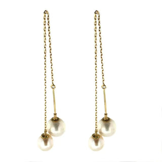 18K Yellow Gold 6.50 mm Cultivated Pearl and 7.5 mm Cultivated Pearl Thread Earrings .3 inches from Pearl to Pearl Amalia Jewelry
