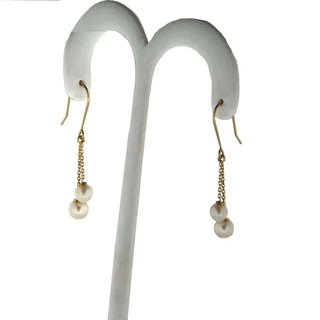 18K Dangle Cultivated Pearls earring with hook .Pearls 5.1 mm and 6.30 mm 1.40 inch long Amalia Jewelry