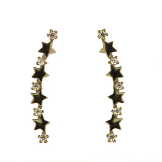 18K Solid Yellow Gold Polished Stars and Zirconias Crawler Post Earrings Amalia Jewelry