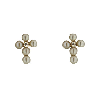 18K Yellow Gold Center Zirconia Cultivated Pearls Cross Post Earrings 0.37 x 0.27 inches , Amalia Jewelry