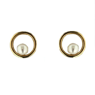 18K Yellow Gold Open Circle with 3 mm Cultivated Pearl Post Earrings 0.31 inch diameter , Amalia Jewelry