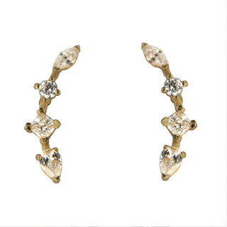 18k Solid Yellow Gold MIni Marquise Princess cut Round and Pear Swarovski Zirconias Climber Post earrings 0.55 inch Amalia Jewelry