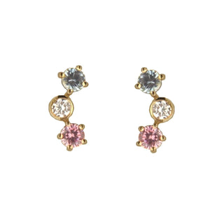 18K Solid Yellow Gold Pink Blue and White Zirconia Small Crawler Post earrings , Amalia Jewelry