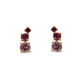 18K Solid Yellow Gold Pink Fuchsia and Red Small Crawler Post Earrings 0.40 x 0.16 inch , Amalia Jewelry