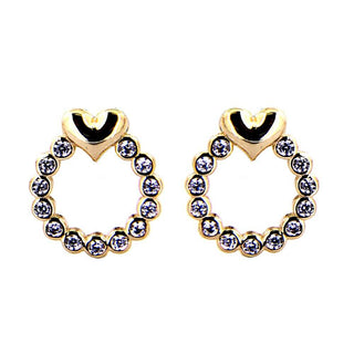 18K Solid Yellow Gold Zircon Circle with Polished Mini Heart Door Knocker Post Earrings Amalia Jewelry