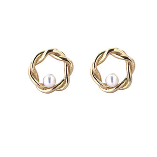 18K Solid Yellow Gold Twisted Open Circle and 2.5mm Cultivated Pearl Post earrings Amalia Jewelry