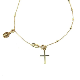 18K Solid Yellow Gold Thin Rosary Denarius Bracelet with Cross and Miraculous Medal , Amalia Jewelry