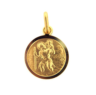18K Solid Yellow Gold Round Saint Christopher Medal Pendant 11mm , Amalia Jewelry