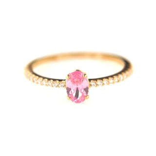18K Solid Yellow Gold Center Pink Oval Zircon with small white zircon ring , Amalia Jewelry