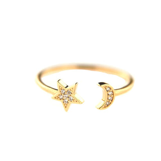 18k Solid Yellow Gold Zircon Star and Moon Open Ring adjustable 1/2 size , Amalia Jewelry