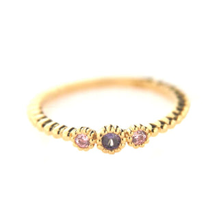 18K Solid Yellow Gold Center Purple and two Pink Zircon Ring Amalia Jewelry