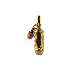 18K Yellow Gold satin Ballet Slipper and Pink Enamel lady Bug Pendant H 0.82 inch , Amalia Jewelry