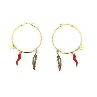 18k Solid Yellow Gold Dangling Heart Red Horn and Feather Hoop Earrings , Amalia Jewelry