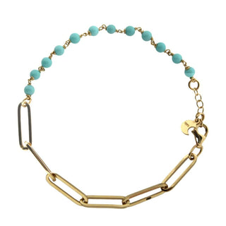 18K Solid Yellow Gold Paper Clip and Turquoise Beads Bracelet 7 inches , Amalia Jewelry