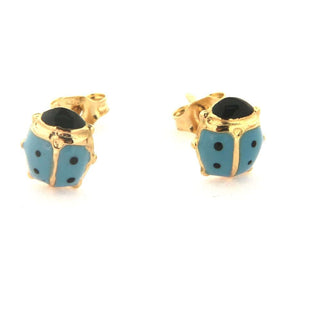18K Solid Yellow Gold Blue Enamel Lady Bug Post Earring , Amalia Jewelry
