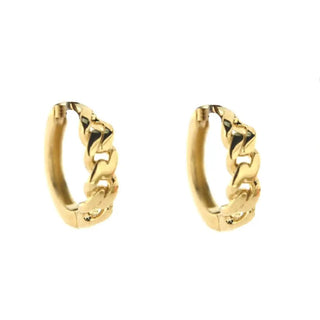18K Solid Yellow Gold Mini Curb Chain Design Huggie Hinge Hoop Earrings , Amalia Jewelry