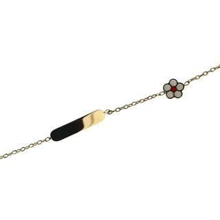 18K Solid Yellow Gold White and center Red Enamel Flower Id Bracelet 5.5 inches , Amalia Jewelry
