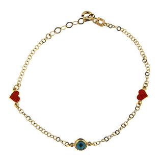 18k Solid Yellow Gold Blue Evil Eye and Enamel Red Hearts Bracelet , Amalia Jewelry