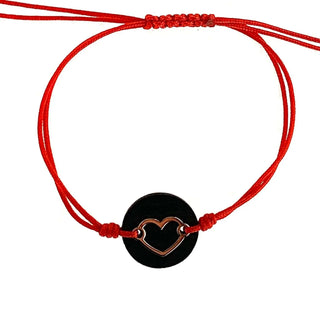 18kt Solid Pink Gold Heart over ebony stone Red or Pink adjustable cord bracelet , Amalia Jewelry