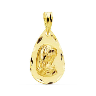 18K Solid Yellow Gold Diamond cut Virgin Mary Girl Tear Drop Medal , Amalia Jewelry