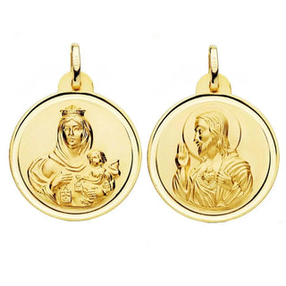 18K Solid Yellow Gold Round Scapular Large Medal 24 mm , Amalia Jewelry