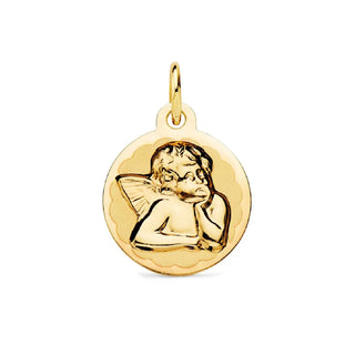 18K Solid Yellow Gold Wave Bezel Angel Medal with polished wave border 14 mm , Amalia Jewelry