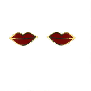 18K Solid Yellow Gold Red Enamel Lips Post Earrings Amalia Jewelry