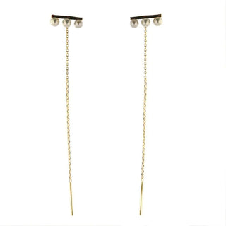 18k Yellow Gold Three Cultivated Pearl in Bar thread dangle earrings 2.9 inches long , Amalia Jewelry