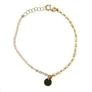 18K Solid Yellow Gold Cultivated Pearls Gold beads and Diamond Cut chain with Center Circle Charm Bracelet , Amalia Jewelry